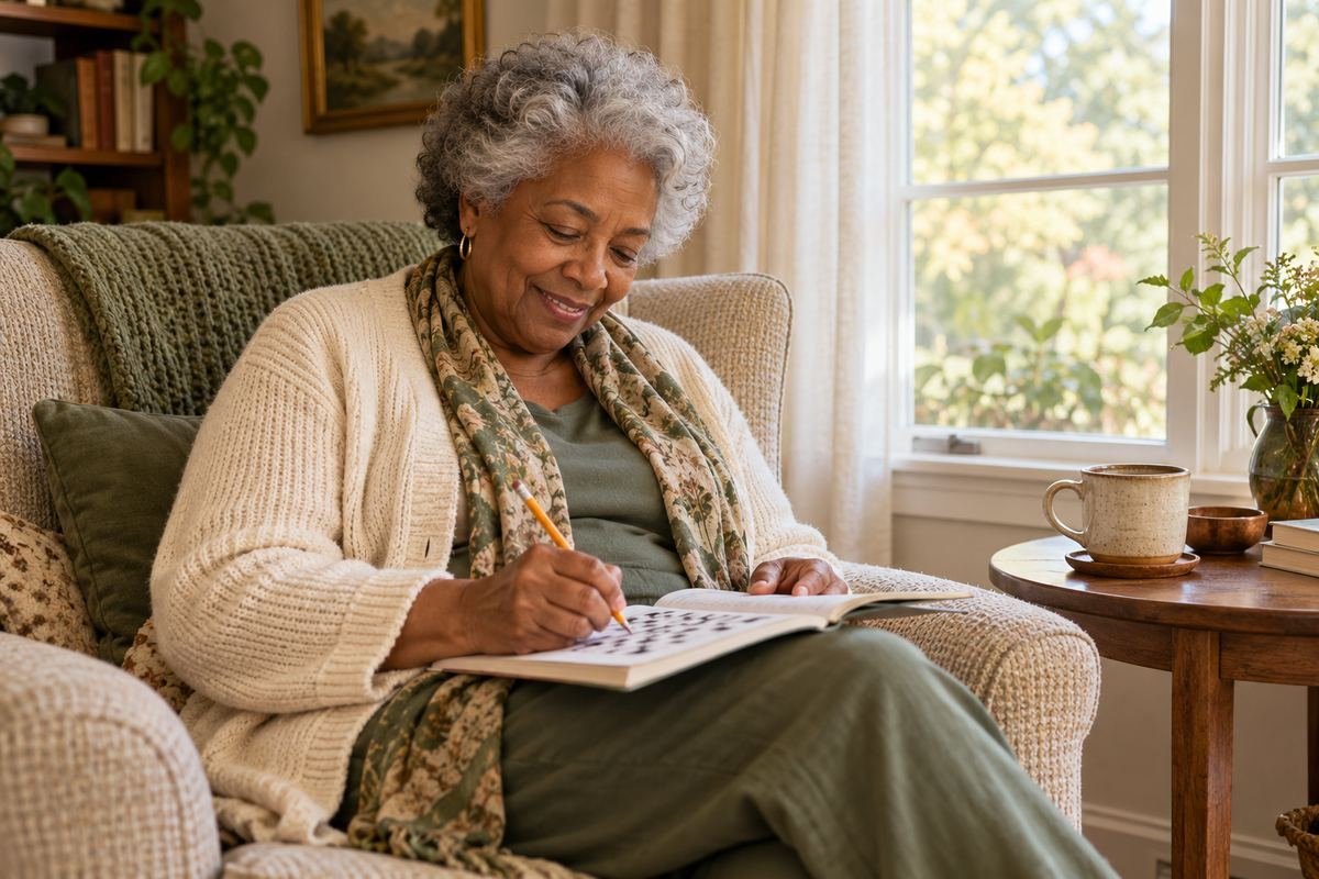 Senior woman smiling while doing a word search puzzle in her armchair by the window