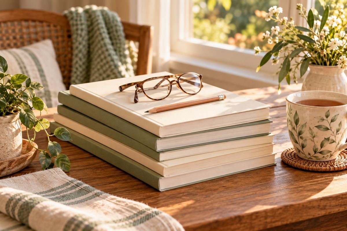 Stack of puzzle books with reading glasses and a pencil on a sunny wooden table