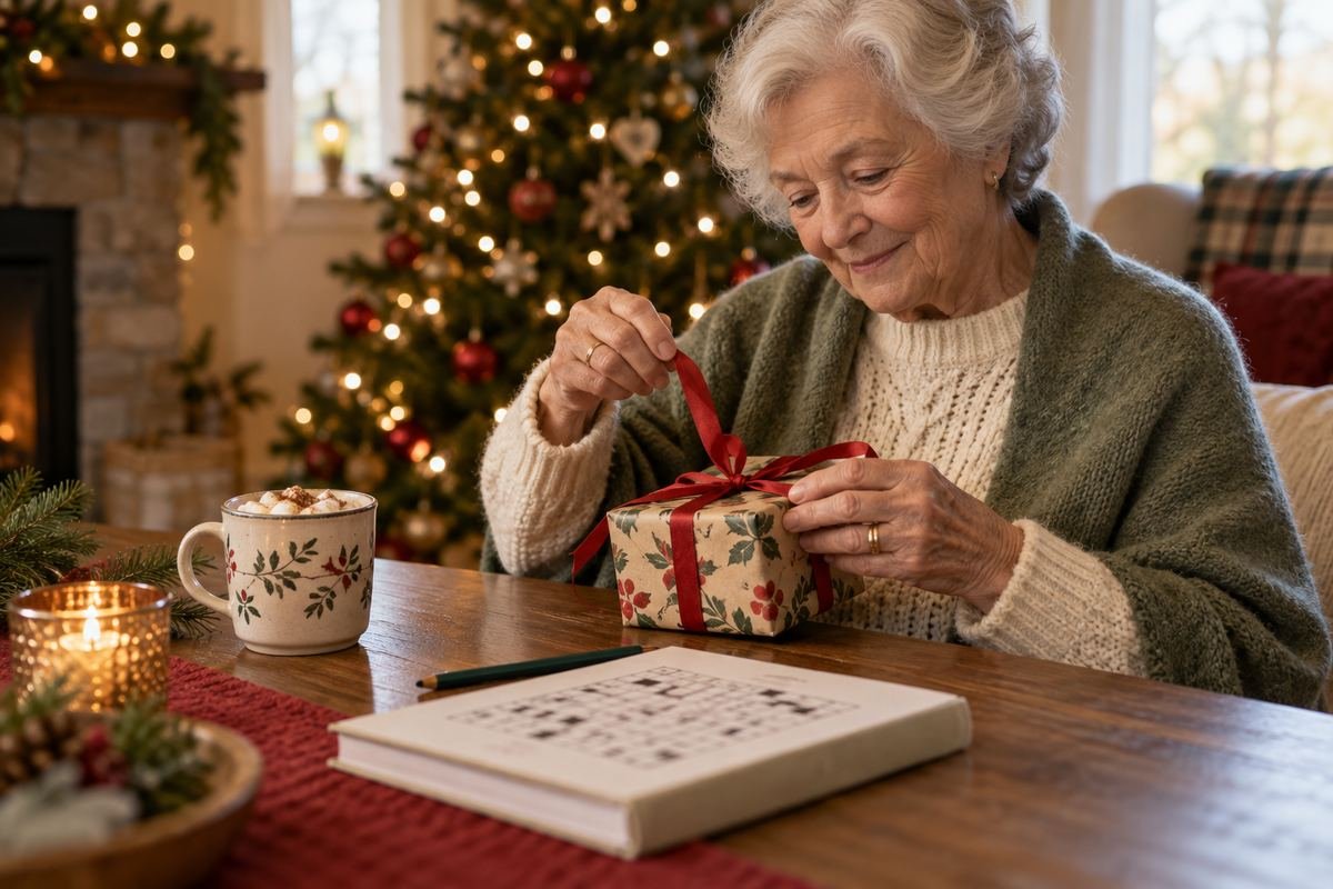 Elderly woman opening a Christmas gift at a table with a puzzle book and hot cocoa