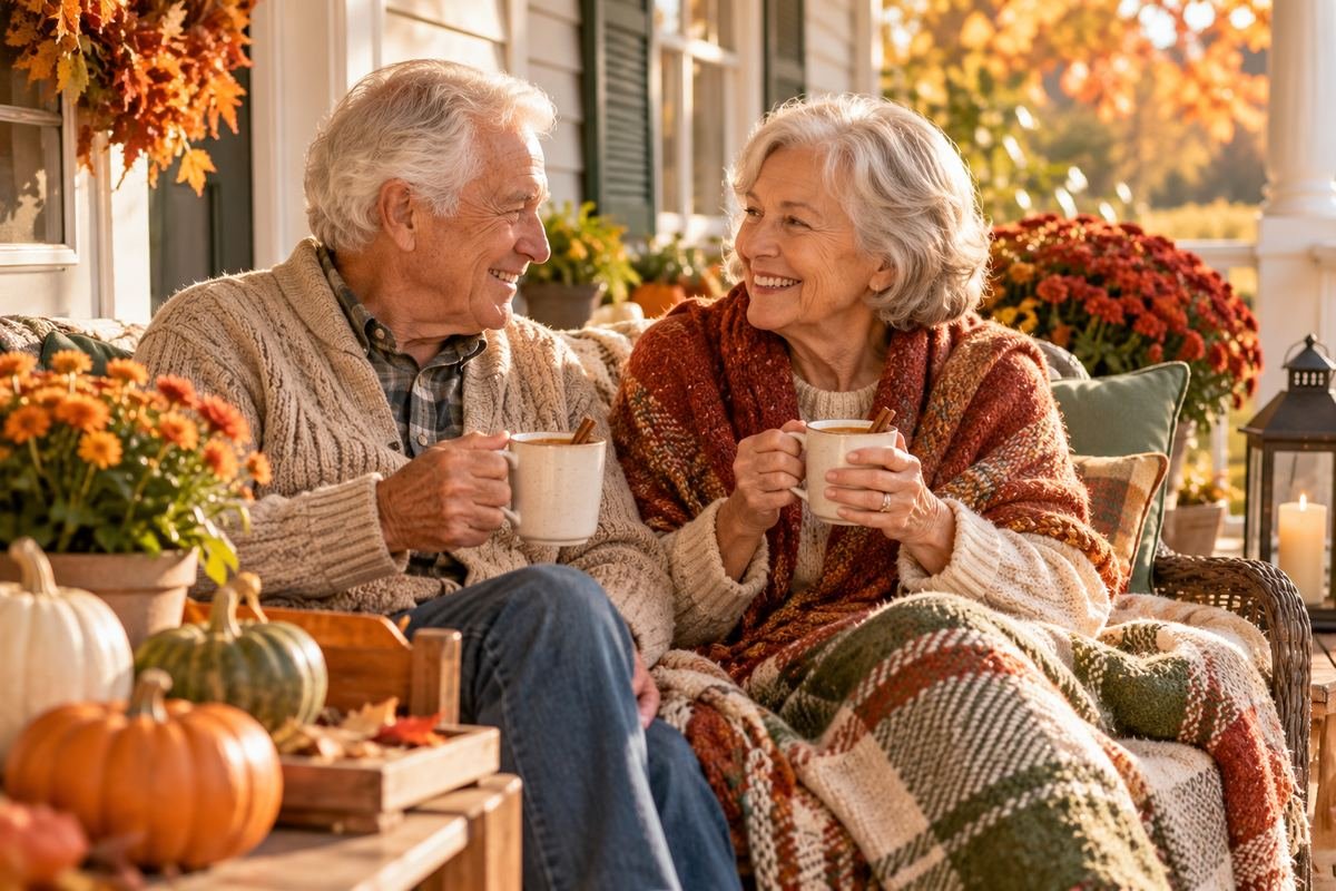 Senior couple smiling on a front porch with warm drinks, blankets and pumpkins