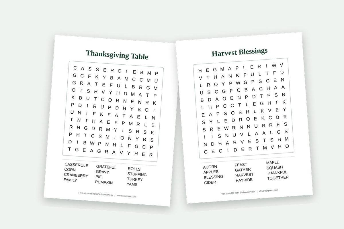 Two free printable large print Thanksgiving word search puzzles