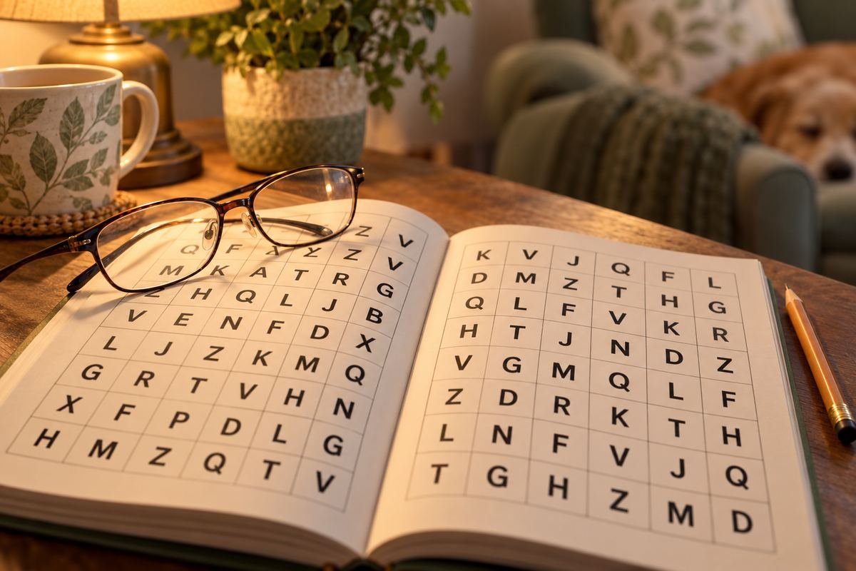 Open large print word search puzzle book with reading glasses under a warm reading lamp
