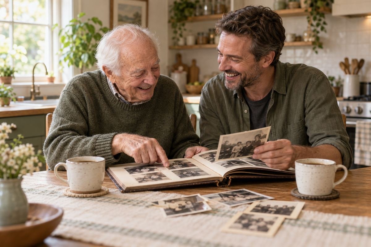 Adult son and his elderly father laughing while looking through a family photo album
