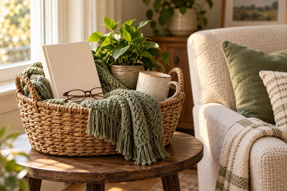 Gift basket with a book, reading glasses, a knit blanket, a mug and a plant