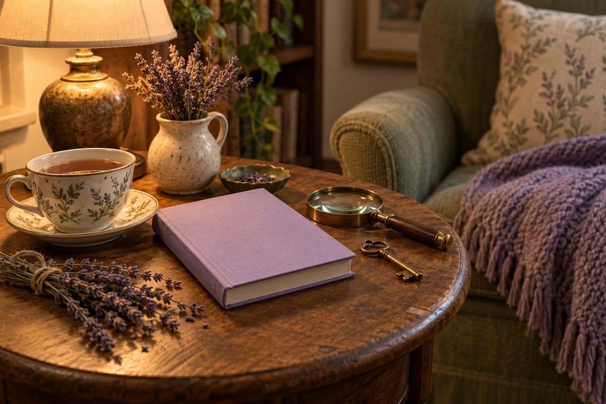 Cozy reading nook with tea, a lavender puzzle book, a magnifying glass and dried lavender