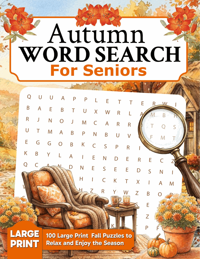 Autumn Word Search for Seniors by Elmbrook Press — large print fall word search book, full color cover