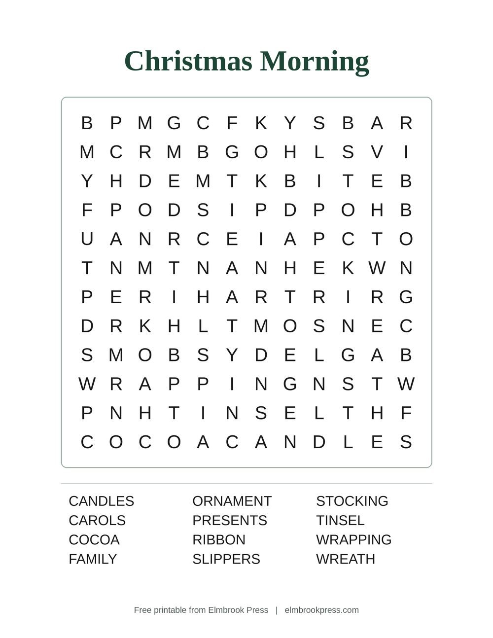 Christmas Morning large print word search puzzle with words like stocking, presents and cocoa