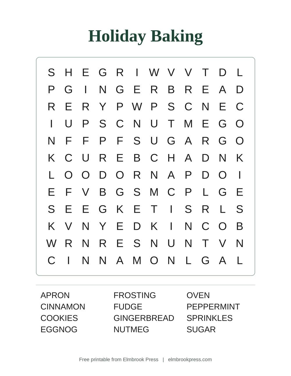 Holiday Baking large print word search puzzle with words like gingerbread, cookies and peppermint