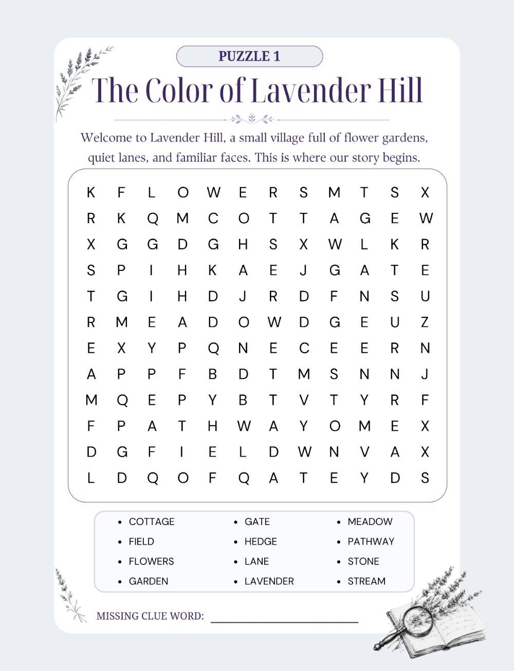 A large-print cozy mystery word search puzzle page titled The Color of Lavender Hill
