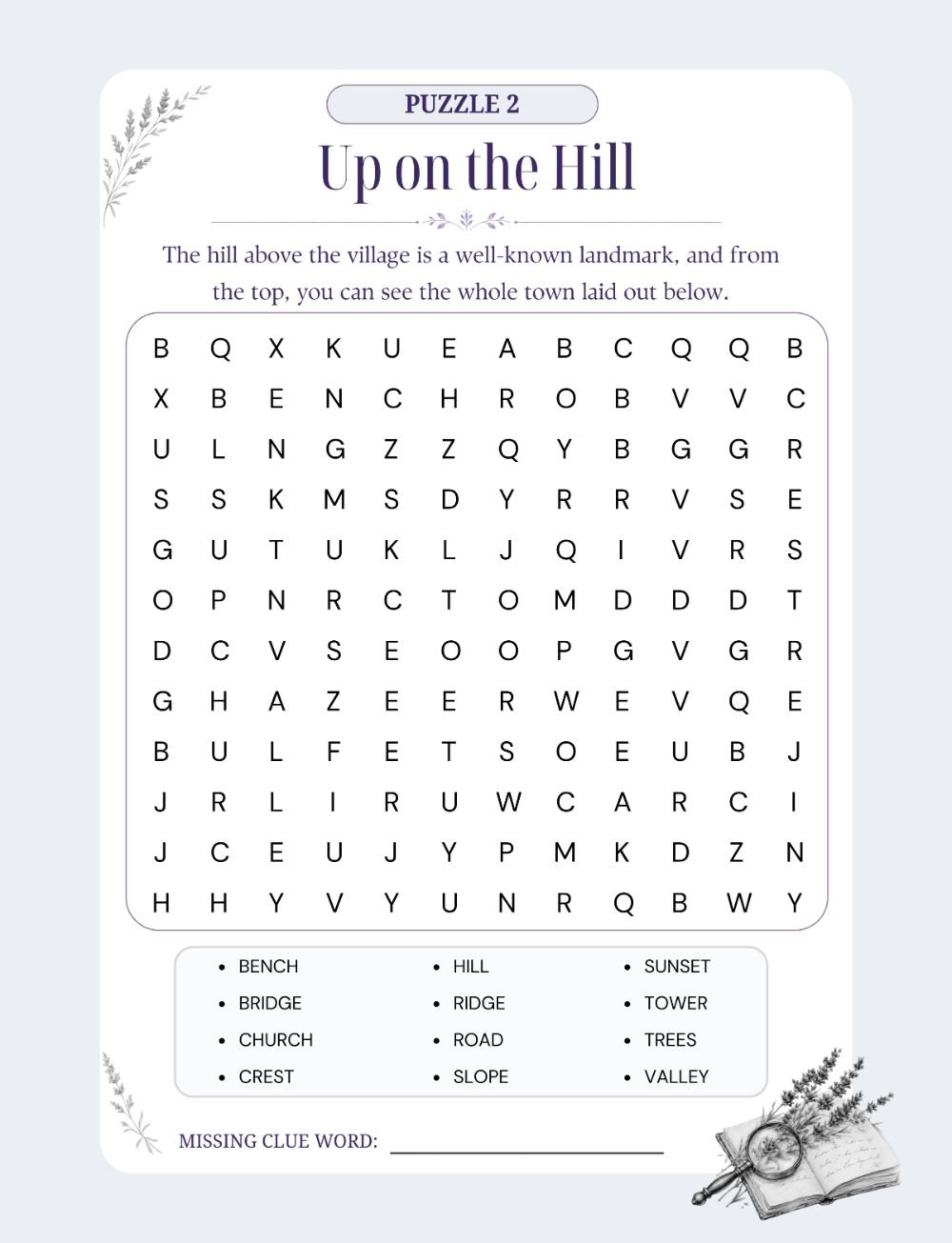 A cozy mystery word search puzzle page titled Up on the Hill with a themed word list