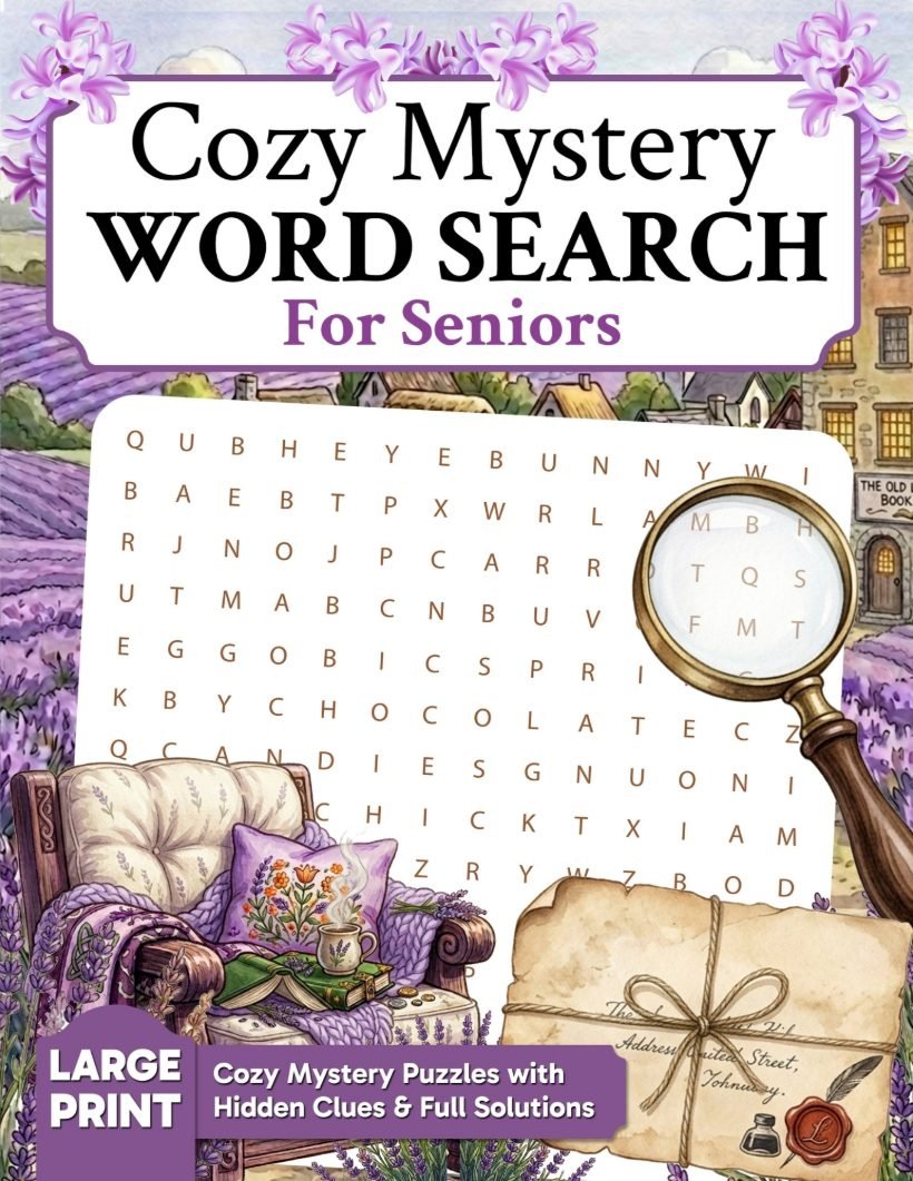 The Mystery of Lavender Hill, a cozy mystery large print word search book by Elmbrook Press