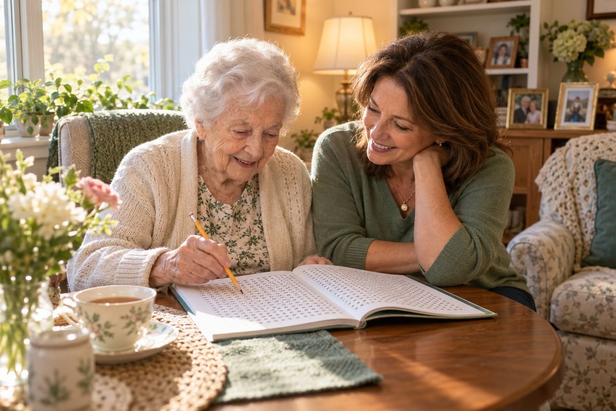 Elderly woman and her adult daughter smiling while doing a large print word search puzzle book together at home with a cup of tea