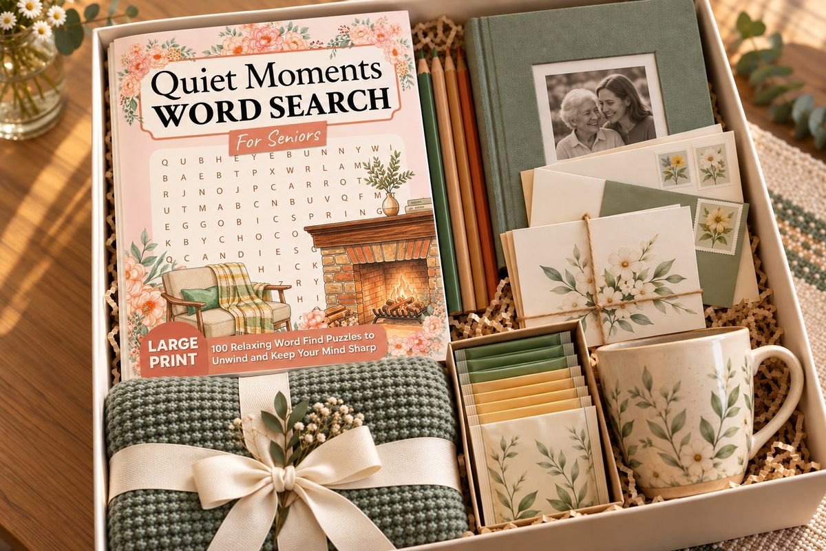 Nursing home activity box with Quiet Moments large print word search book, colored pencils, family photo album, stamped cards, knit blanket, tea and a mug