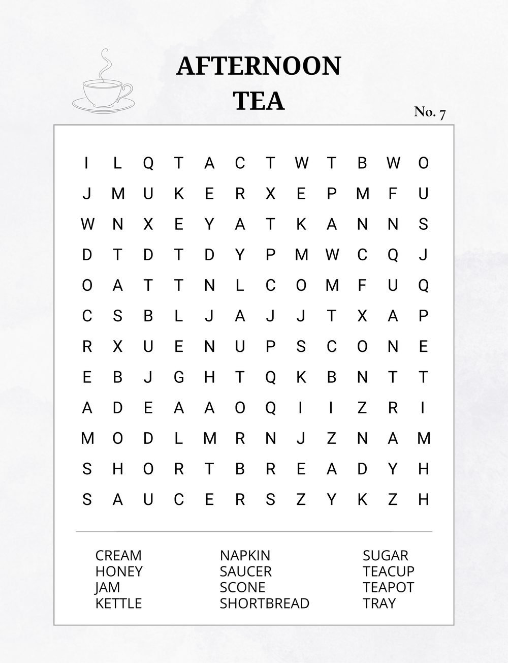 Afternoon Tea large print word search puzzle page from Quiet Moments Word Search with words like teapot, scone and saucer