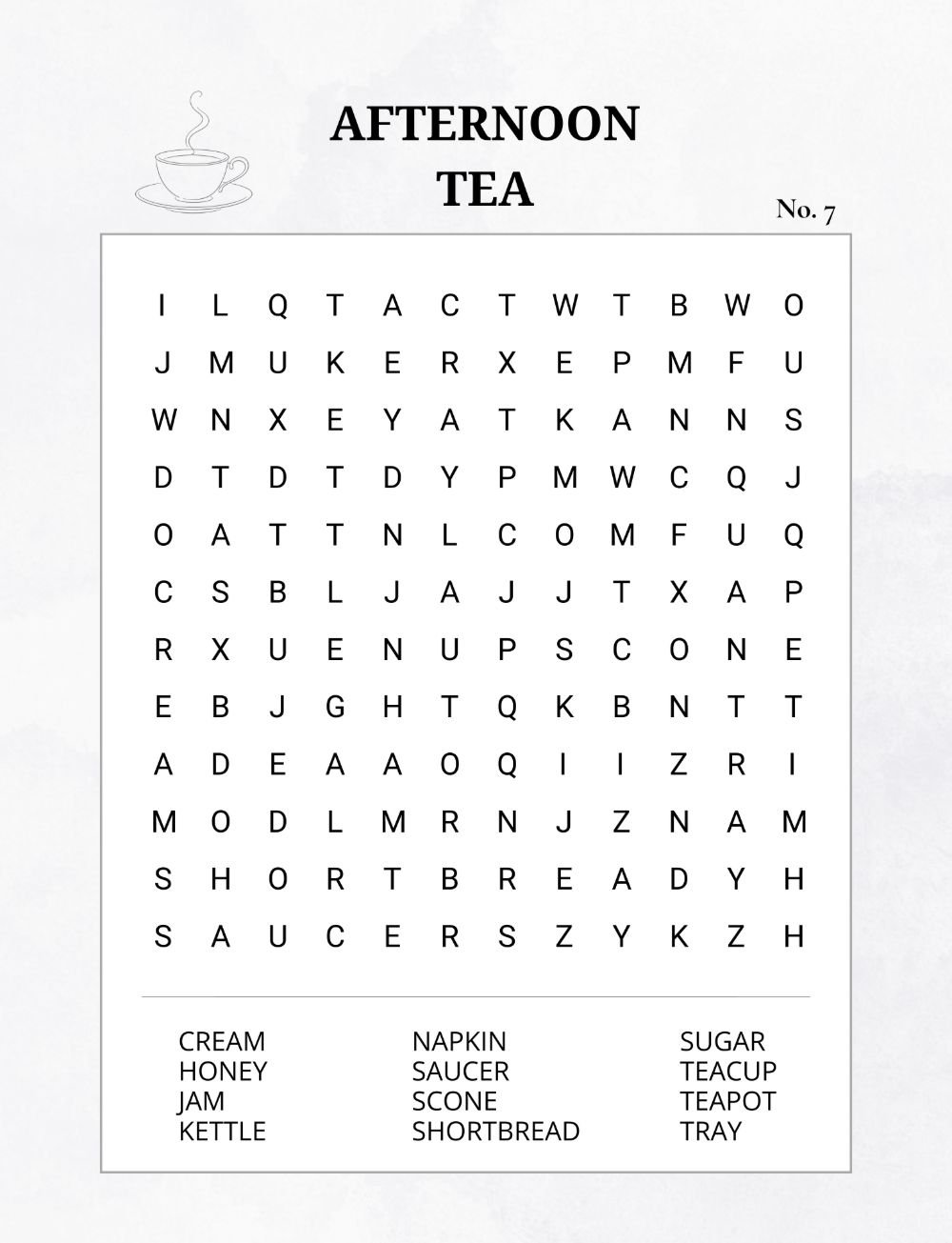 An Afternoon Tea large print word search puzzle from Quiet Moments Word Search