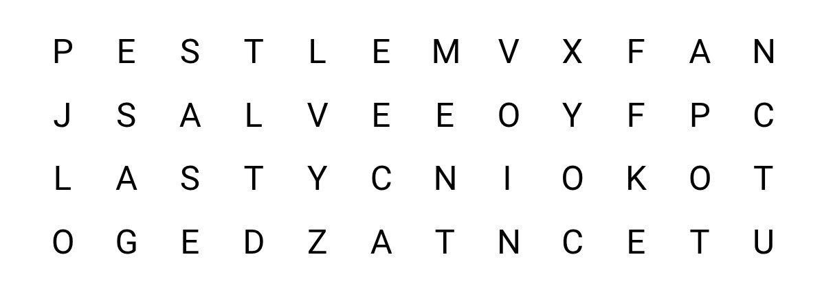 Close-up of the large, clear letters in Quiet Moments Word Search