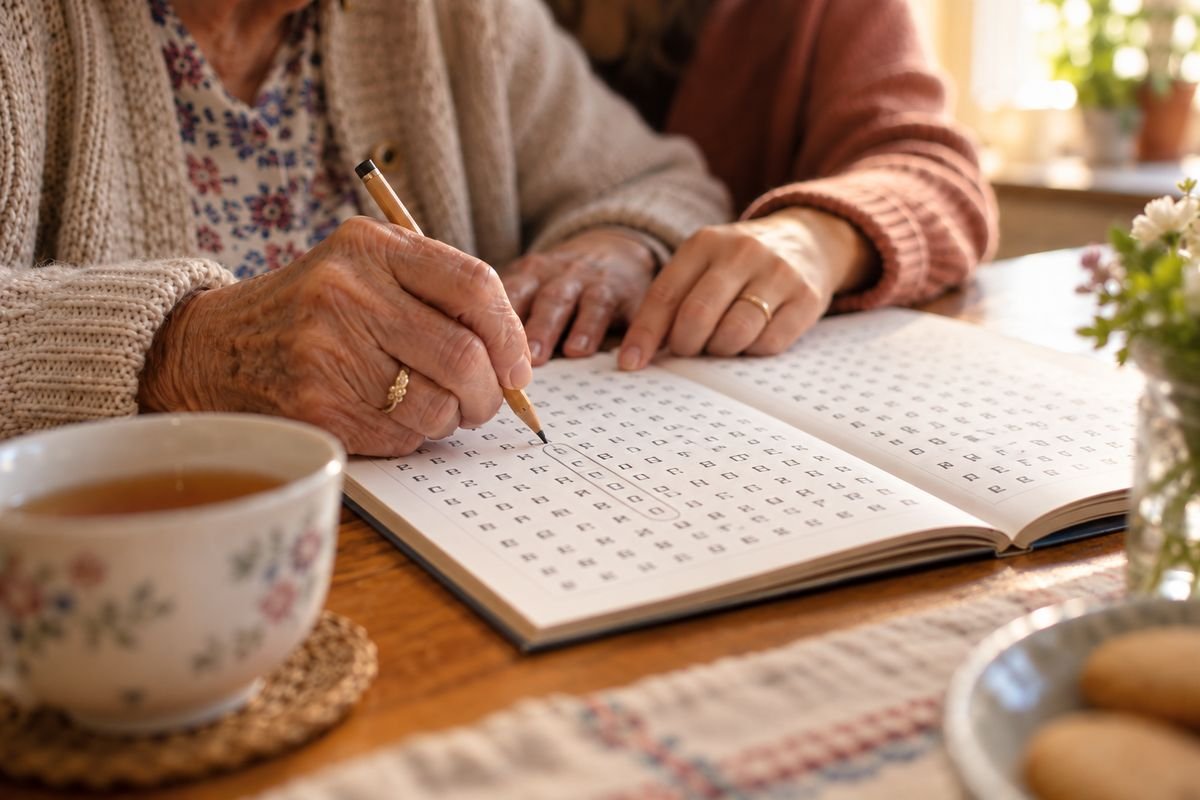 Hands of an elderly woman circling a word in a large print word search puzzle book with her daughter beside her