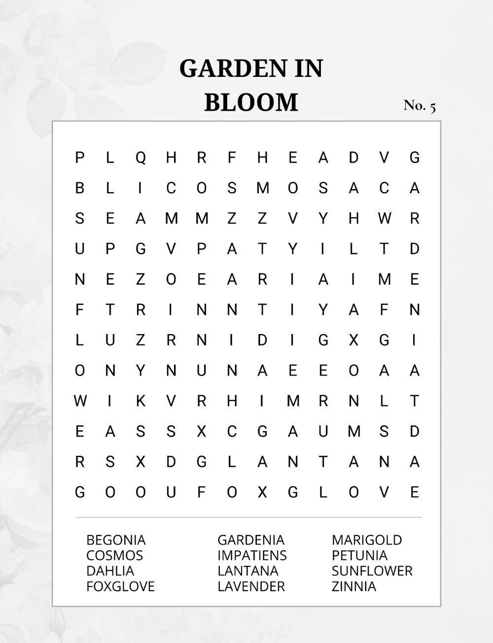 A large-print summer word search puzzle page titled Garden in Bloom