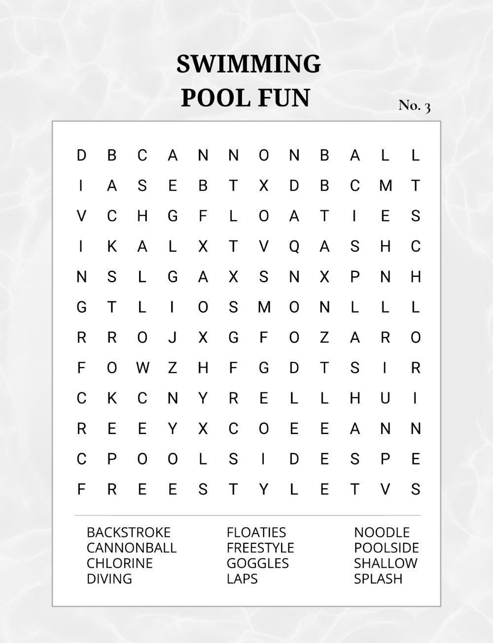 A summer word search puzzle page titled Swimming Pool Fun with a themed word list