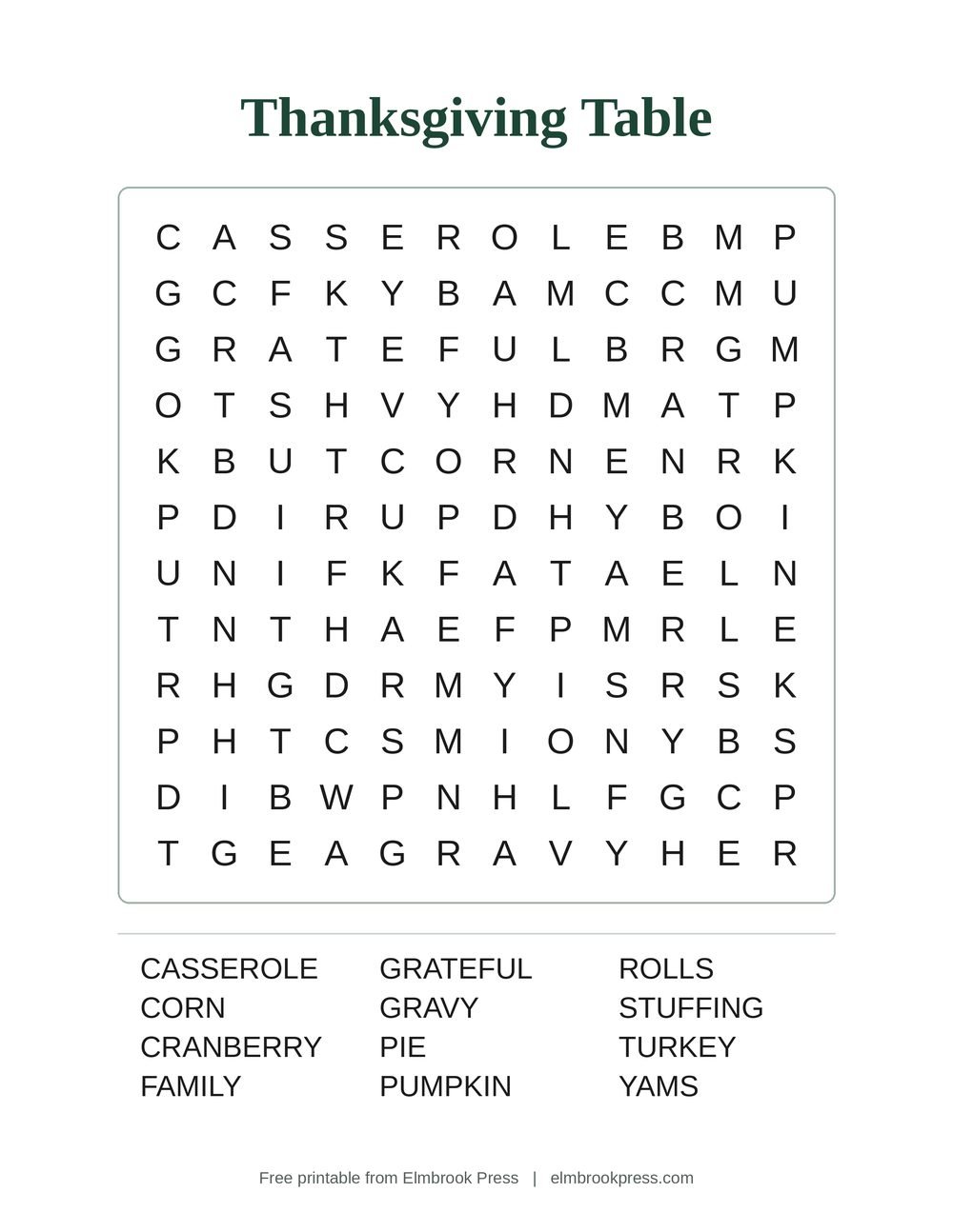 Thanksgiving Table large print word search puzzle with words like turkey, gravy and cranberry
