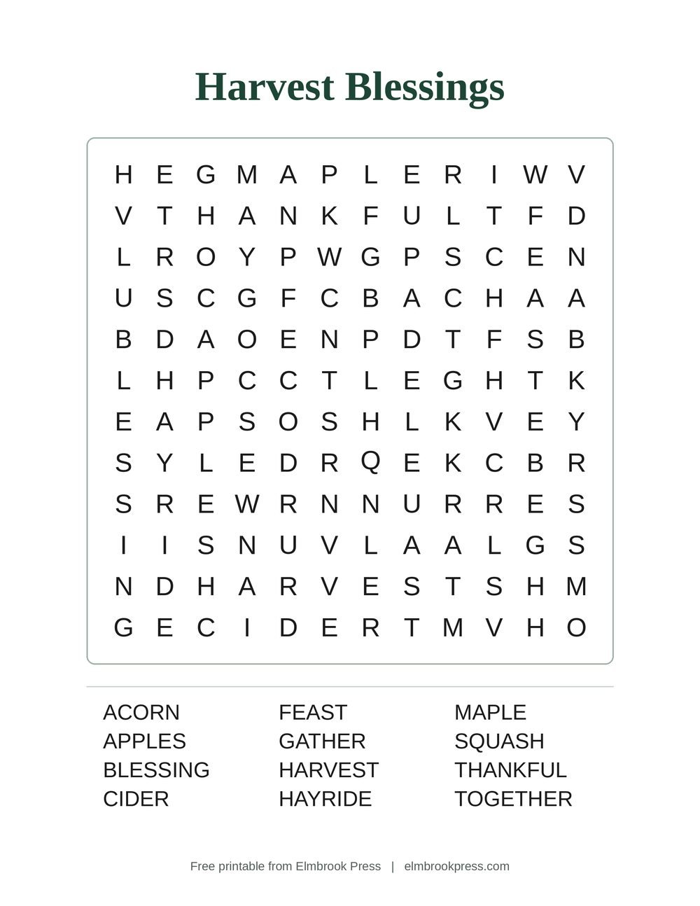 Harvest Blessings large print word search puzzle with words like harvest, thankful and cider